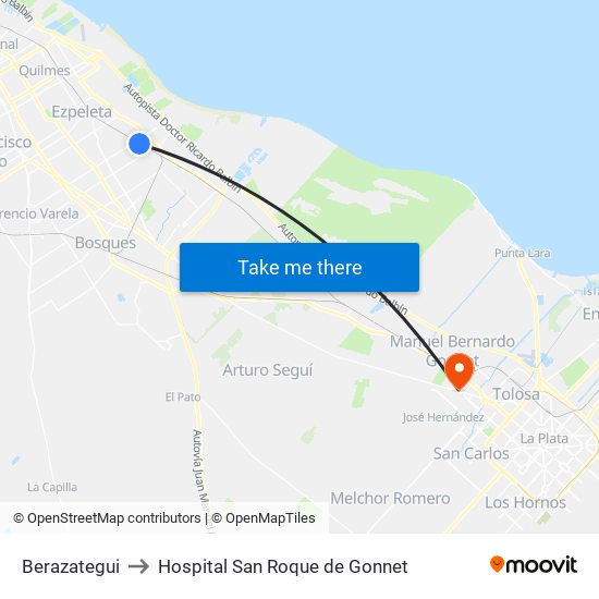 Berazategui to Hospital San Roque de Gonnet map