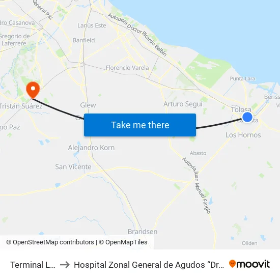 Terminal La Plata to Hospital Zonal General de Agudos “Dr. Alberto Eurnekian” map