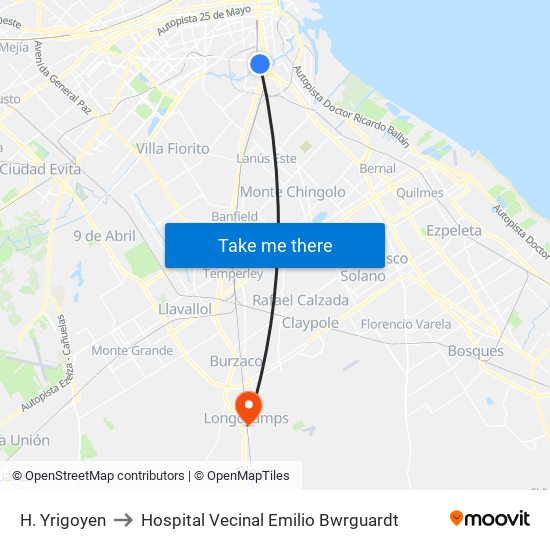 H. Yrigoyen to Hospital Vecinal Emilio Bwrguardt map