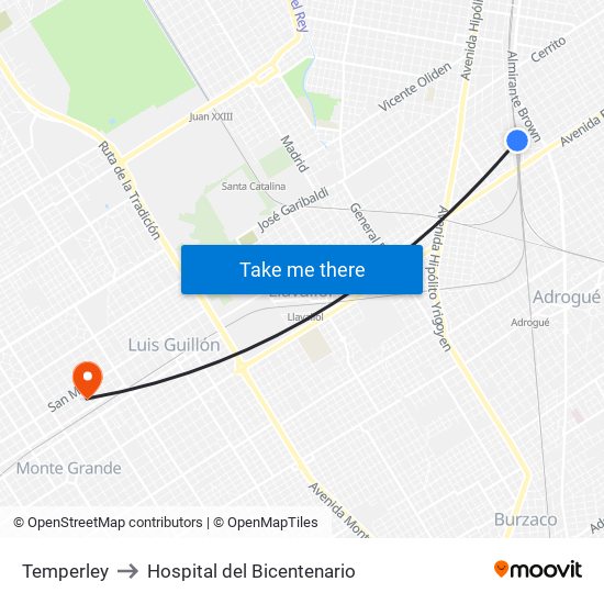 Temperley to Hospital del Bicentenario map