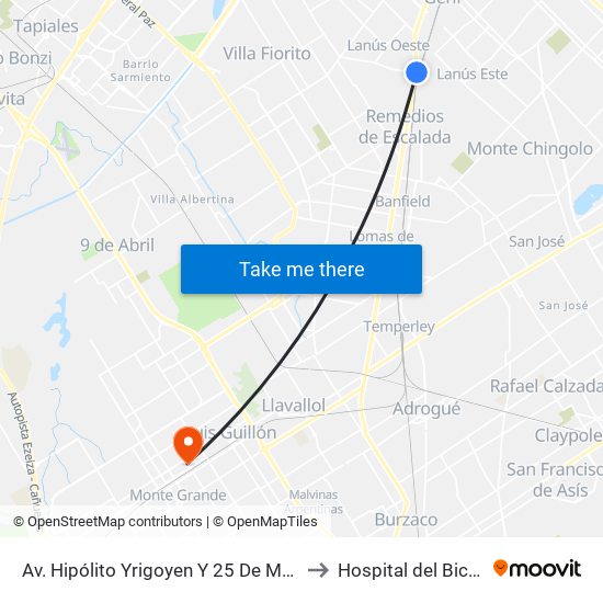 Av. Hipólito Yrigoyen Y 25 De Mayo (Est. Lanús) to Hospital del Bicentenario map