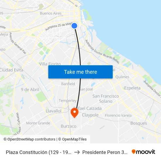 Plaza Constitución (129 - 197) to Presidente Peron 300 map