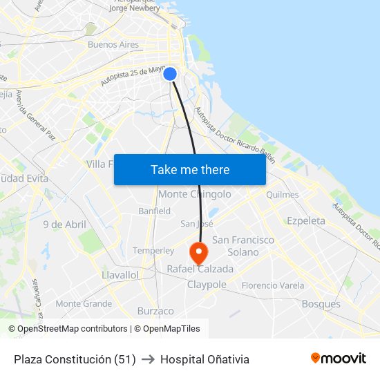 Plaza Constitución (51) to Hospital Oñativia map