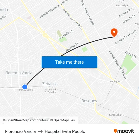 Florencio Varela to Hospital Evita Pueblo map
