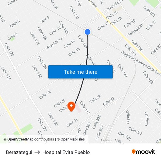 Berazategui to Hospital Evita Pueblo map