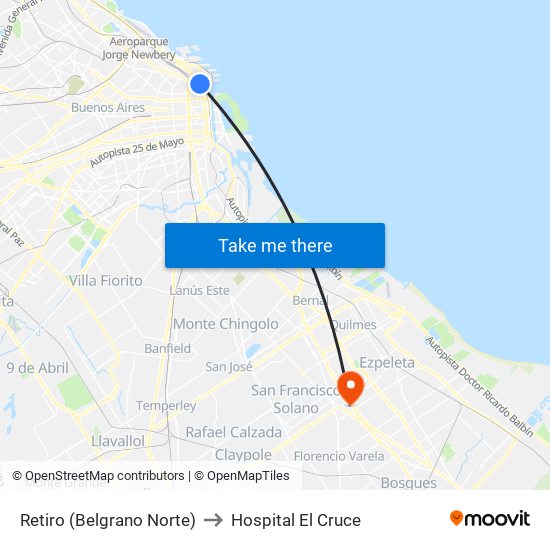 Retiro (Belgrano Norte) to Hospital El Cruce map