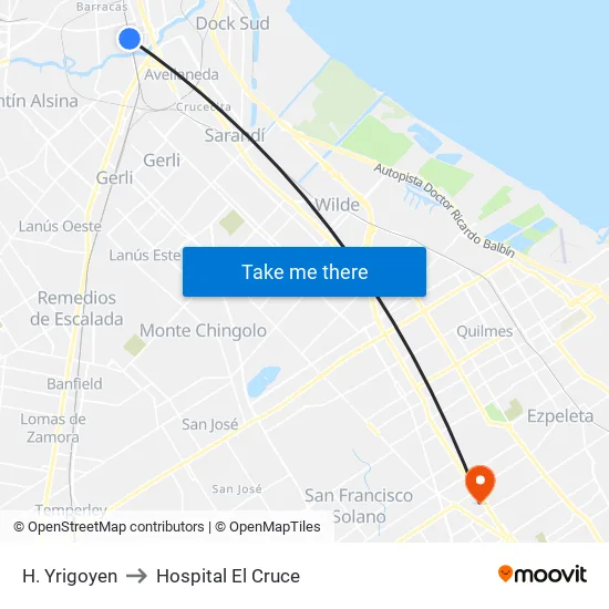 H. Yrigoyen to Hospital El Cruce map