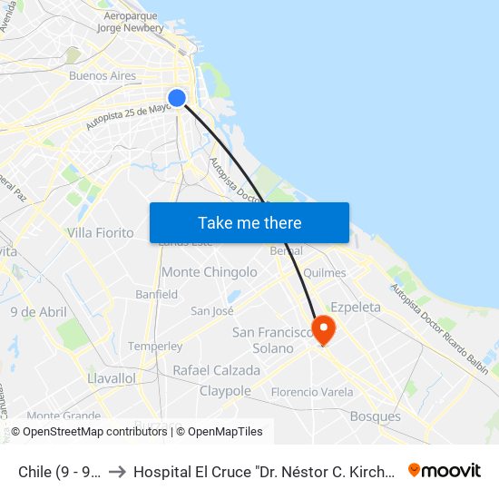 Chile (9 - 91) to Hospital El Cruce "Dr. Néstor C. Kirchner" map