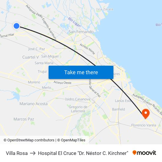 Villa Rosa to Hospital El Cruce "Dr. Néstor C. Kirchner" map