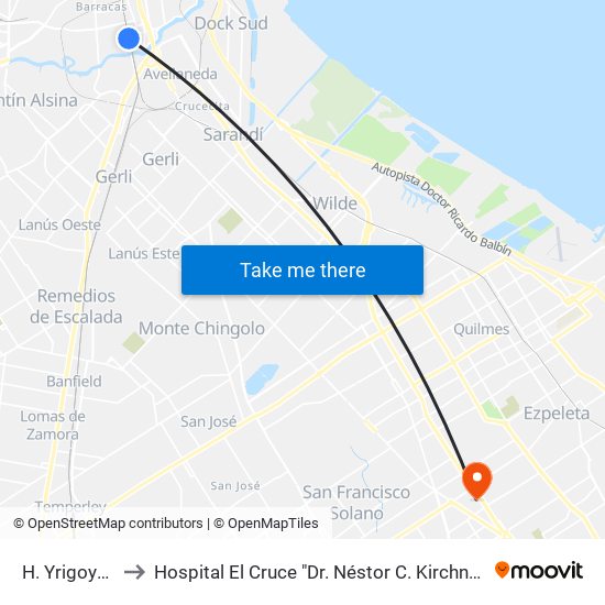 H. Yrigoyen to Hospital El Cruce "Dr. Néstor C. Kirchner" map