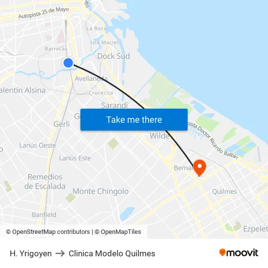 H. Yrigoyen to Clinica Modelo Quilmes map