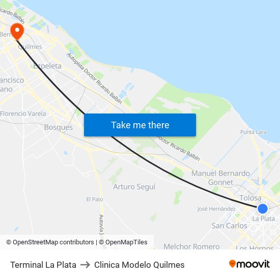 Terminal La Plata to Clinica Modelo Quilmes map