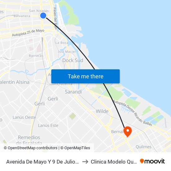 Avenida De Mayo Y 9 De Julio (7 - 24) to Clinica Modelo Quilmes map