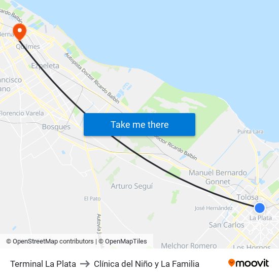 Terminal La Plata to Clínica del Niño y La Familia map