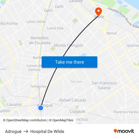 Adrogué to Hospital De Wilde map