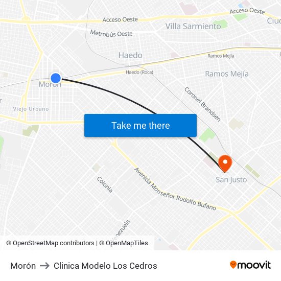 Morón to Clinica Modelo Los Cedros map