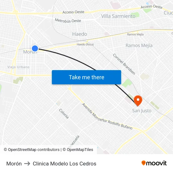 Morón to Clinica Modelo Los Cedros map