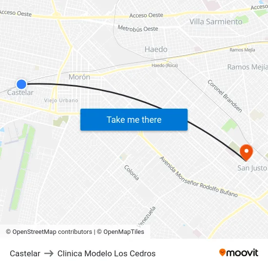 Castelar to Clinica Modelo Los Cedros map