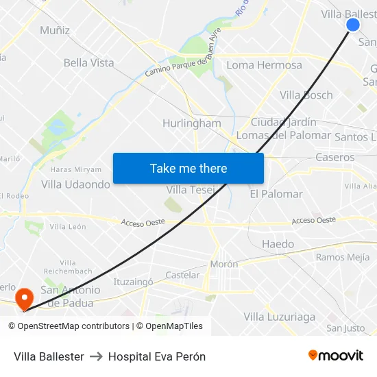 Villa Ballester to Hospital Eva Perón map
