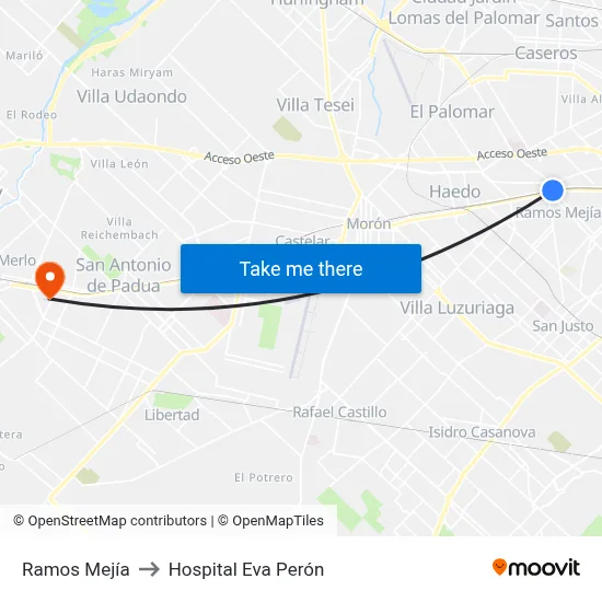 Ramos Mejía to Hospital Eva Perón map