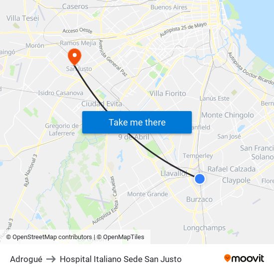 Adrogué to Hospital Italiano Sede San Justo map