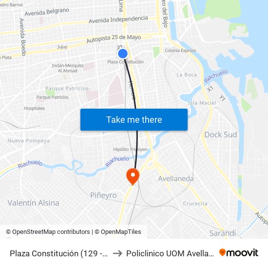 Plaza Constitución (129 - 195) to Policlinico UOM Avellaneda map