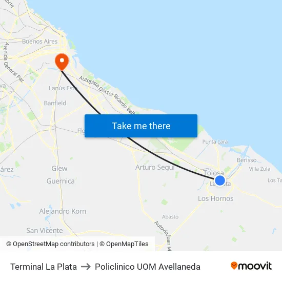 Terminal La Plata to Policlinico UOM Avellaneda map