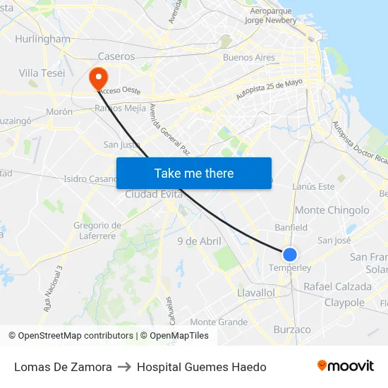 Lomas De Zamora to Hospital Guemes Haedo map