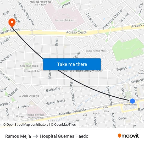 Ramos Mejía to Hospital Guemes Haedo map