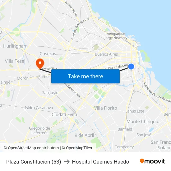 Plaza Constitución (53) to Hospital Guemes Haedo map