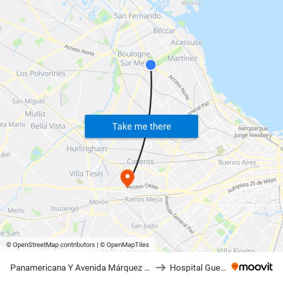 Panamericana Y Avenida Márquez (21 - 60 - 130 - 203 - 371) to Hospital Guemes Haedo map