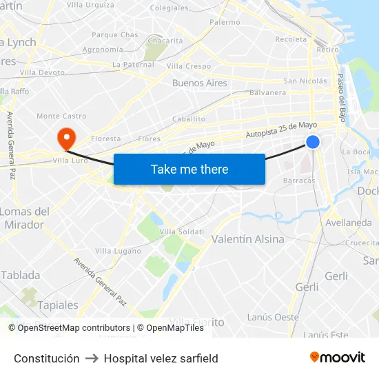 Constitución to Hospital velez sarfield map
