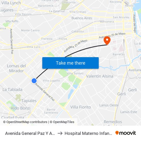 Avenida General Paz Y Avenida Eva Perón to Hospital Materno Infantil "Ramón Sardá" map