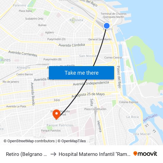 Retiro (Belgrano Norte) to Hospital Materno Infantil "Ramón Sardá" map