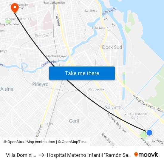 Villa Dominico to Hospital Materno Infantil "Ramón Sardá" map