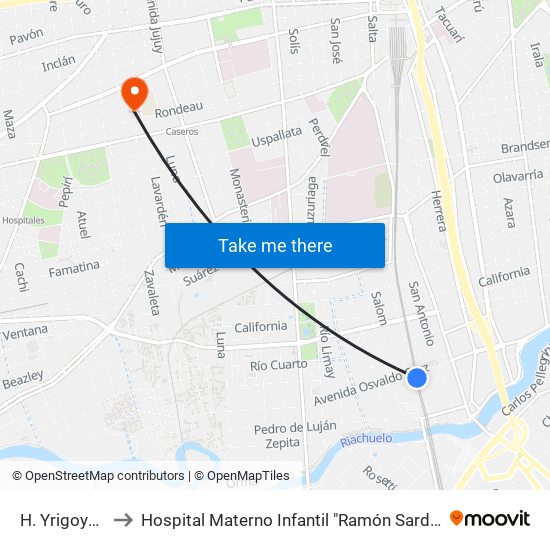 H. Yrigoyen to Hospital Materno Infantil "Ramón Sardá" map