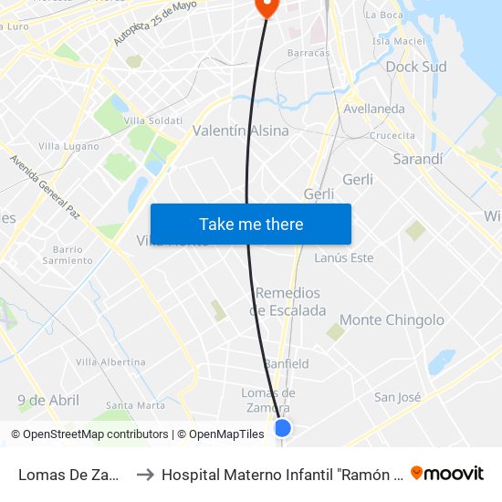 Lomas De Zamora to Hospital Materno Infantil "Ramón Sardá" map