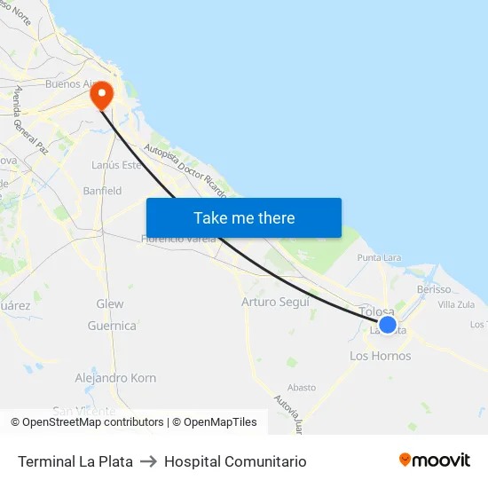 Terminal La Plata to Hospital Comunitario map