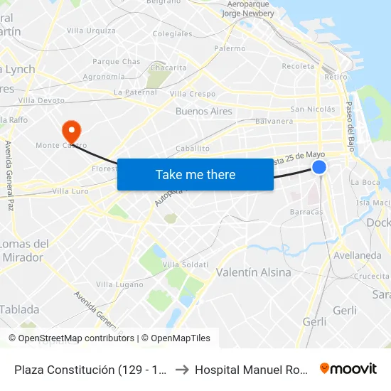 Plaza Constitución (129 - 197) to Hospital Manuel Rocca map