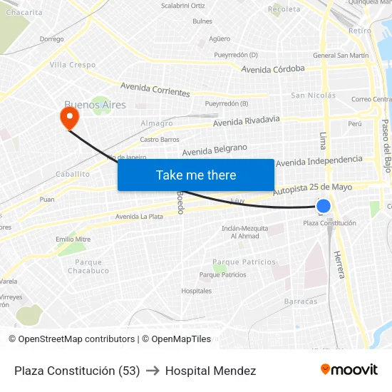 Plaza Constitución (53) to Hospital Mendez map
