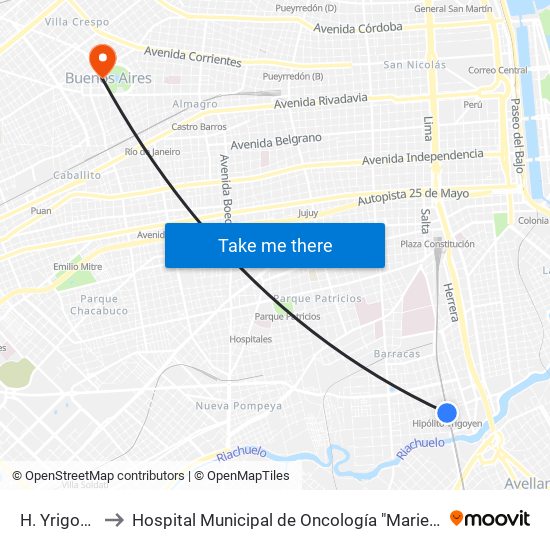 H. Yrigoyen to Hospital Municipal de Oncología "Marie Curie" map