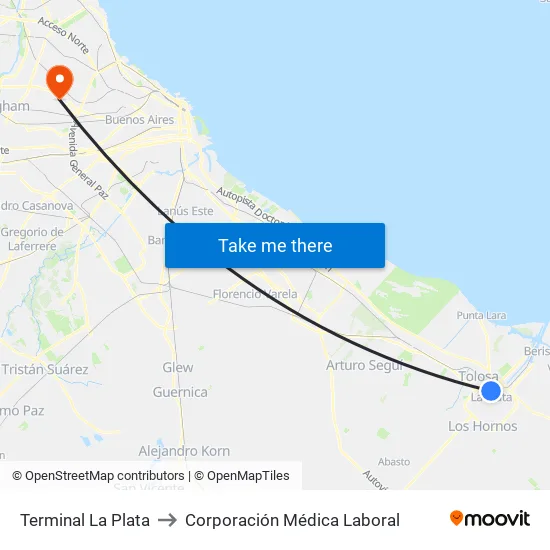 Terminal La Plata to Corporación Médica Laboral map