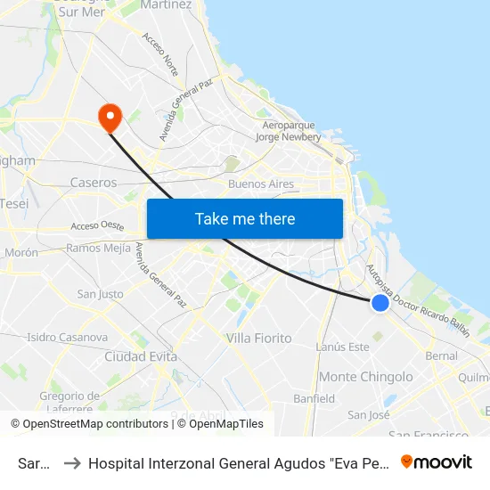 Sarandi to Hospital Interzonal General Agudos "Eva Perón" (Ex Castex) map