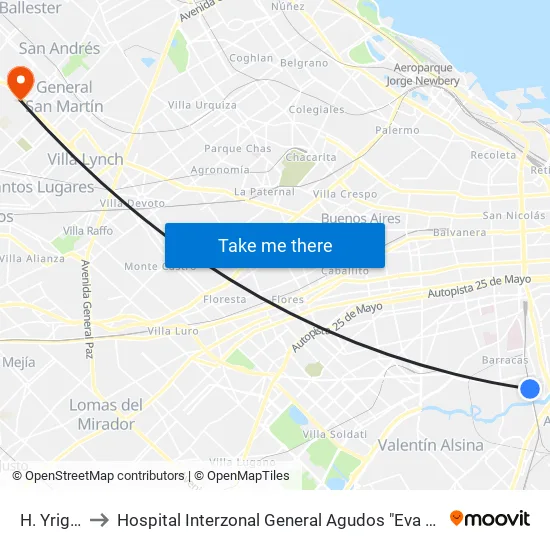 H. Yrigoyen to Hospital Interzonal General Agudos "Eva Perón" (Ex Castex) map