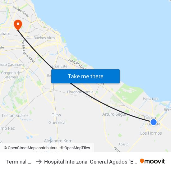 Terminal La Plata to Hospital Interzonal General Agudos "Eva Perón" (Ex Castex) map