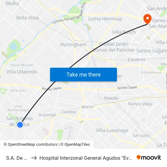 S.A. De Padua to Hospital Interzonal General Agudos "Eva Perón" (Ex Castex) map