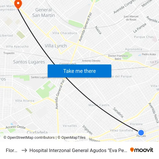 Floresta to Hospital Interzonal General Agudos "Eva Perón" (Ex Castex) map