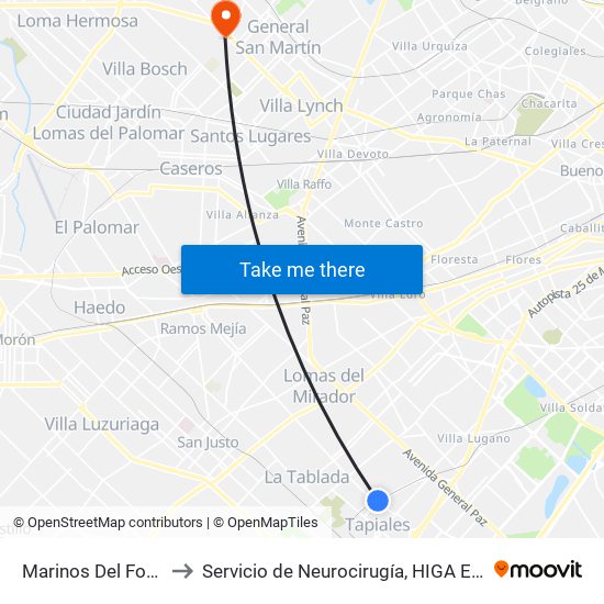 Marinos Del Fournier to Servicio de Neurocirugía, HIGA Eva Perón map