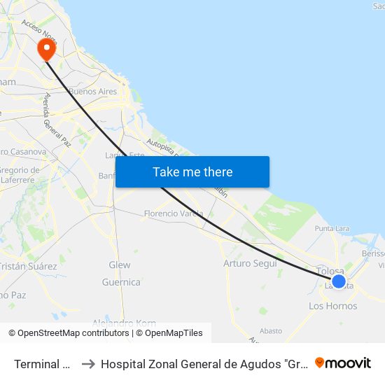 Terminal La Plata to Hospital Zonal General de Agudos "Gral. Manuel Belgrano" map