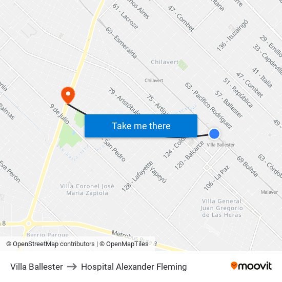 Villa Ballester to Hospital Alexander Fleming map